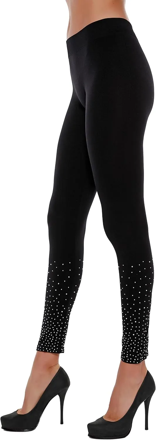 Belldini Fashion Leggings for Women Scattered Rhinestone Trim Seamless Black Leggings