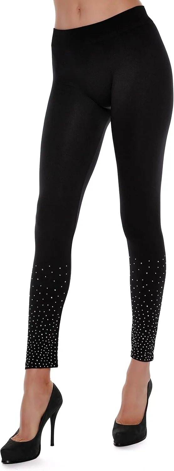 Belldini Fashion Leggings for Women Scattered Rhinestone Trim Seamless Black Leggings