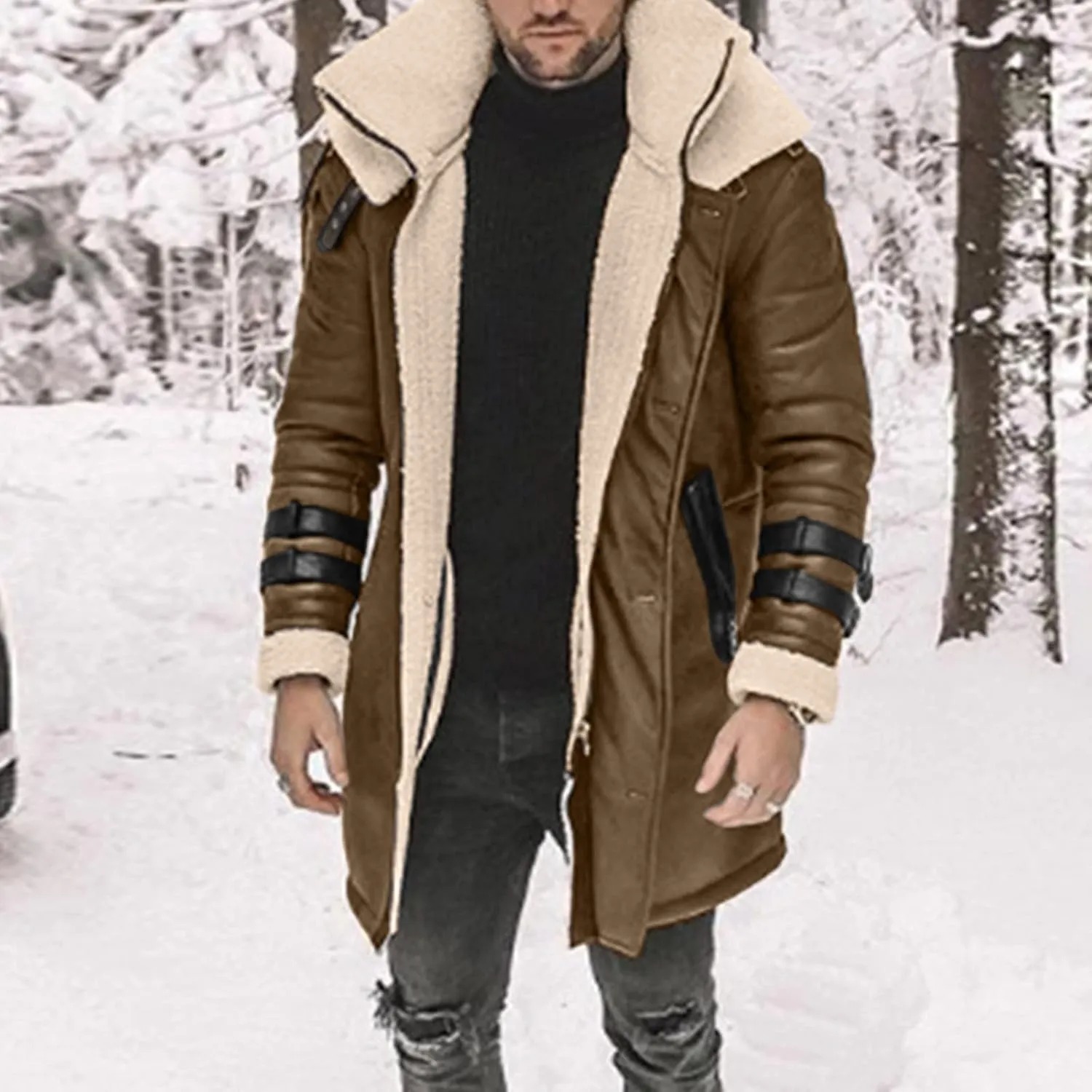 BIFUTON Winter Coats for Men,Men's Shearling Leather Coat Faux Suede Sherpa Lined Winter Thicken Warm Hooded Sheepskin Jacket