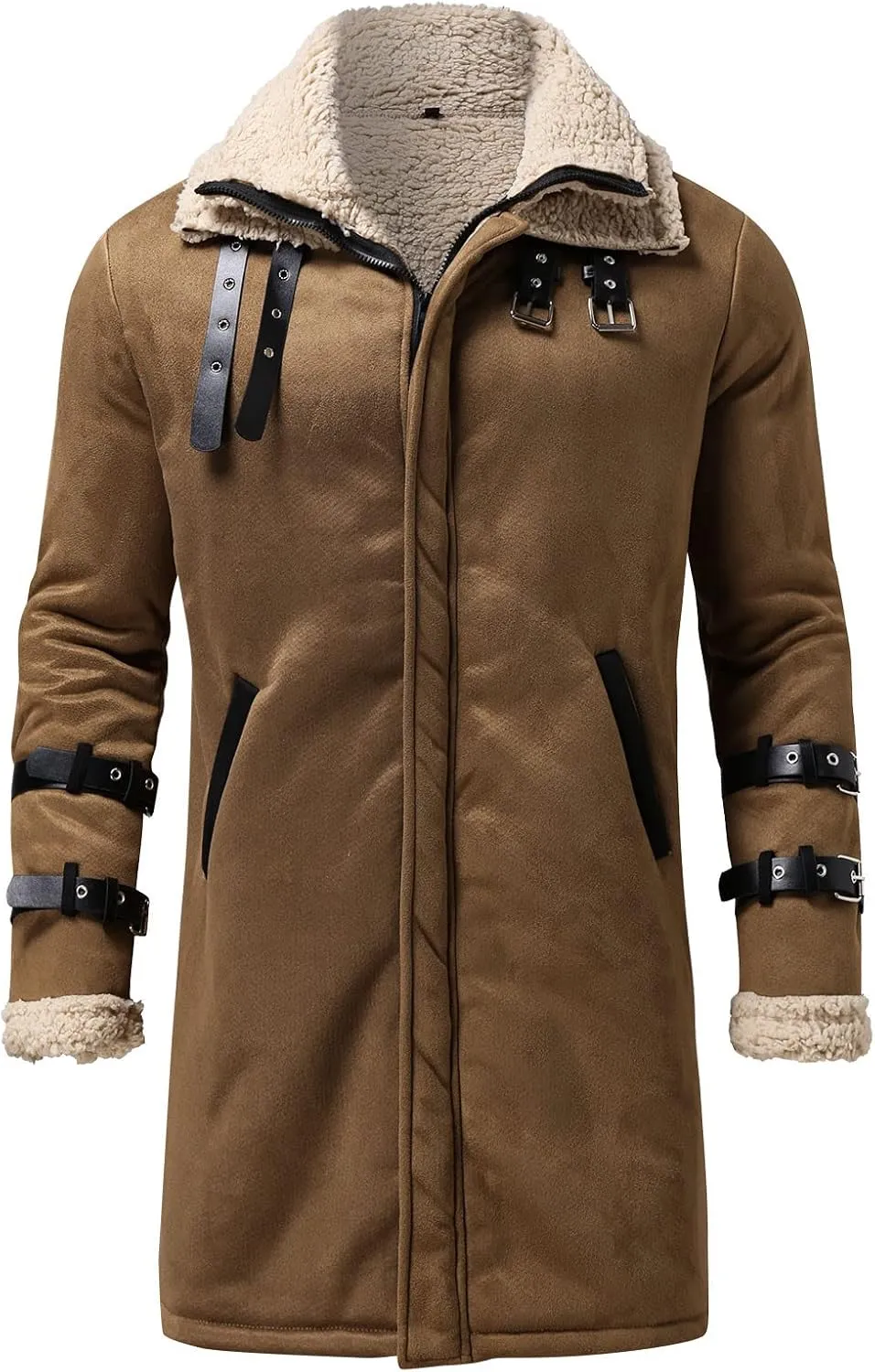 BIFUTON Winter Coats for Men,Men's Shearling Leather Coat Faux Suede Sherpa Lined Winter Thicken Warm Hooded Sheepskin Jacket