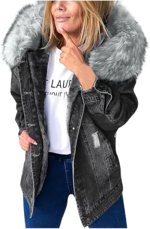 Binmer Women's Fleece Sherpa Lined Denim Jackets Faux Fur Hoodies Coat Winter Warm Button Down Coats Shaggy Warm Outerwear