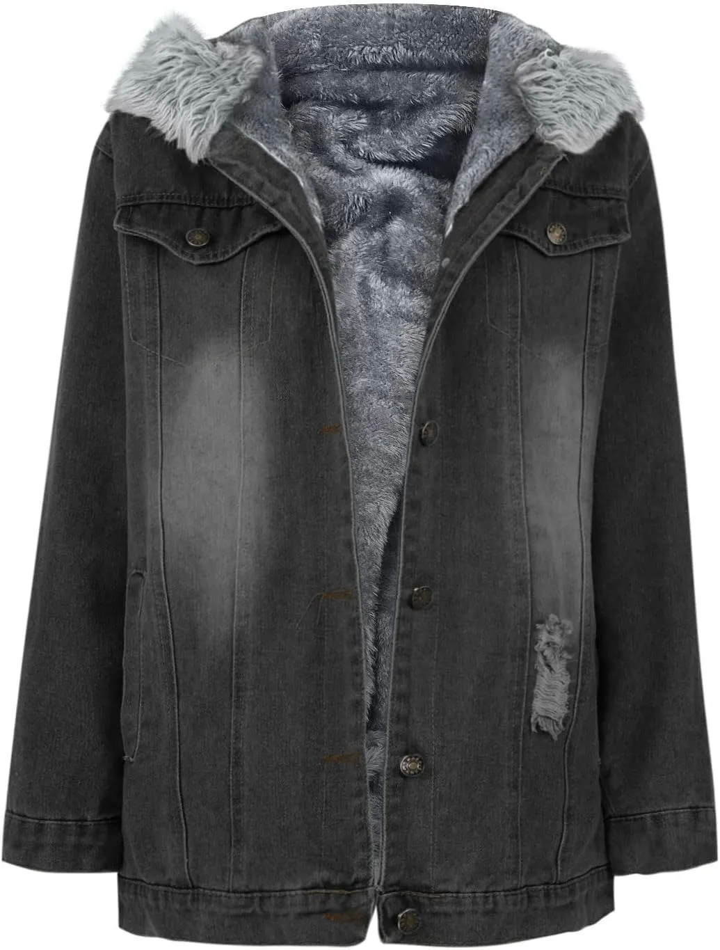 Binmer Women's Fleece Sherpa Lined Denim Jackets Faux Fur Hoodies Coat Winter Warm Button Down Coats Shaggy Warm Outerwear