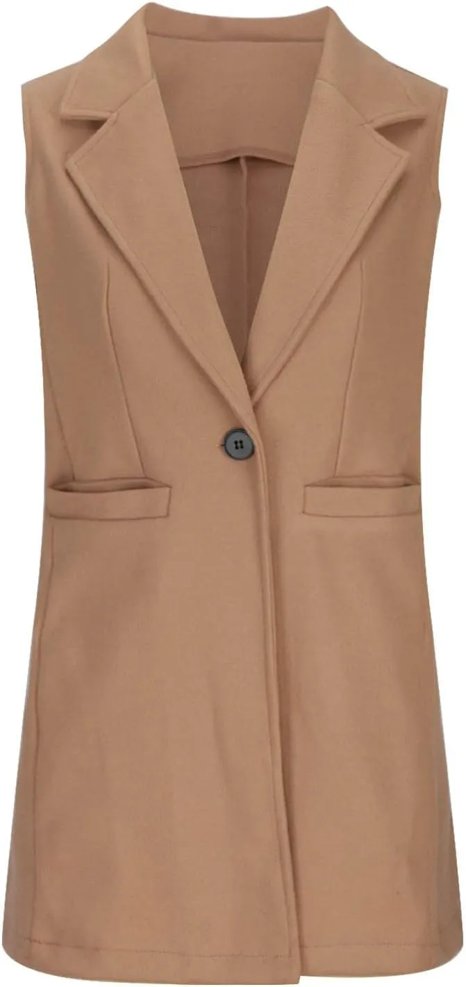 Binmer Women's Sleeveless Blazer Vest Fashion Woolen Trench Coat Casual One Button Longline Jackets Outerwear with Pockets