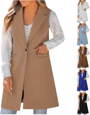Binmer Women's Sleeveless Blazer Vest Fashion Woolen Trench Coat Casual One Button Longline Jackets Outerwear with Pockets
