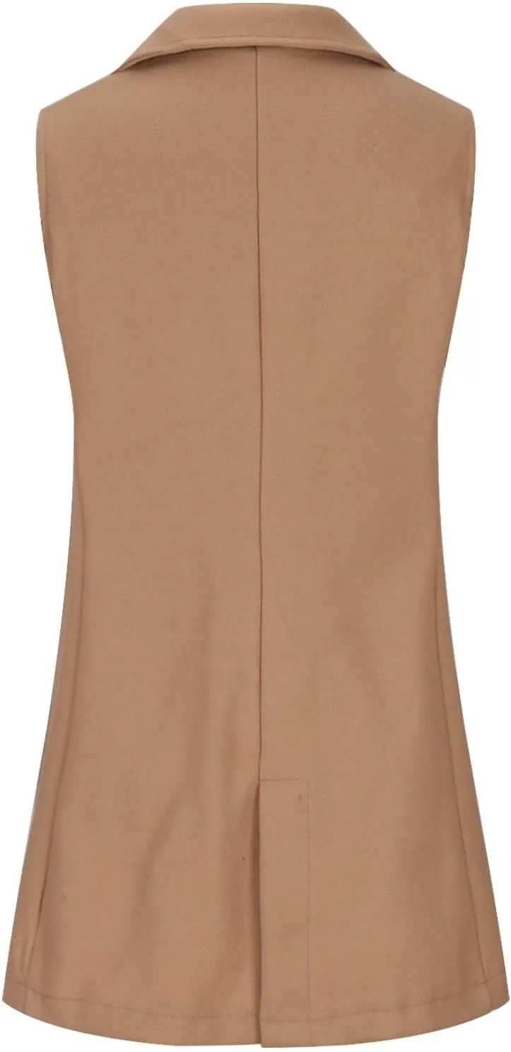 Binmer Women's Sleeveless Blazer Vest Fashion Woolen Trench Coat Casual One Button Longline Jackets Outerwear with Pockets