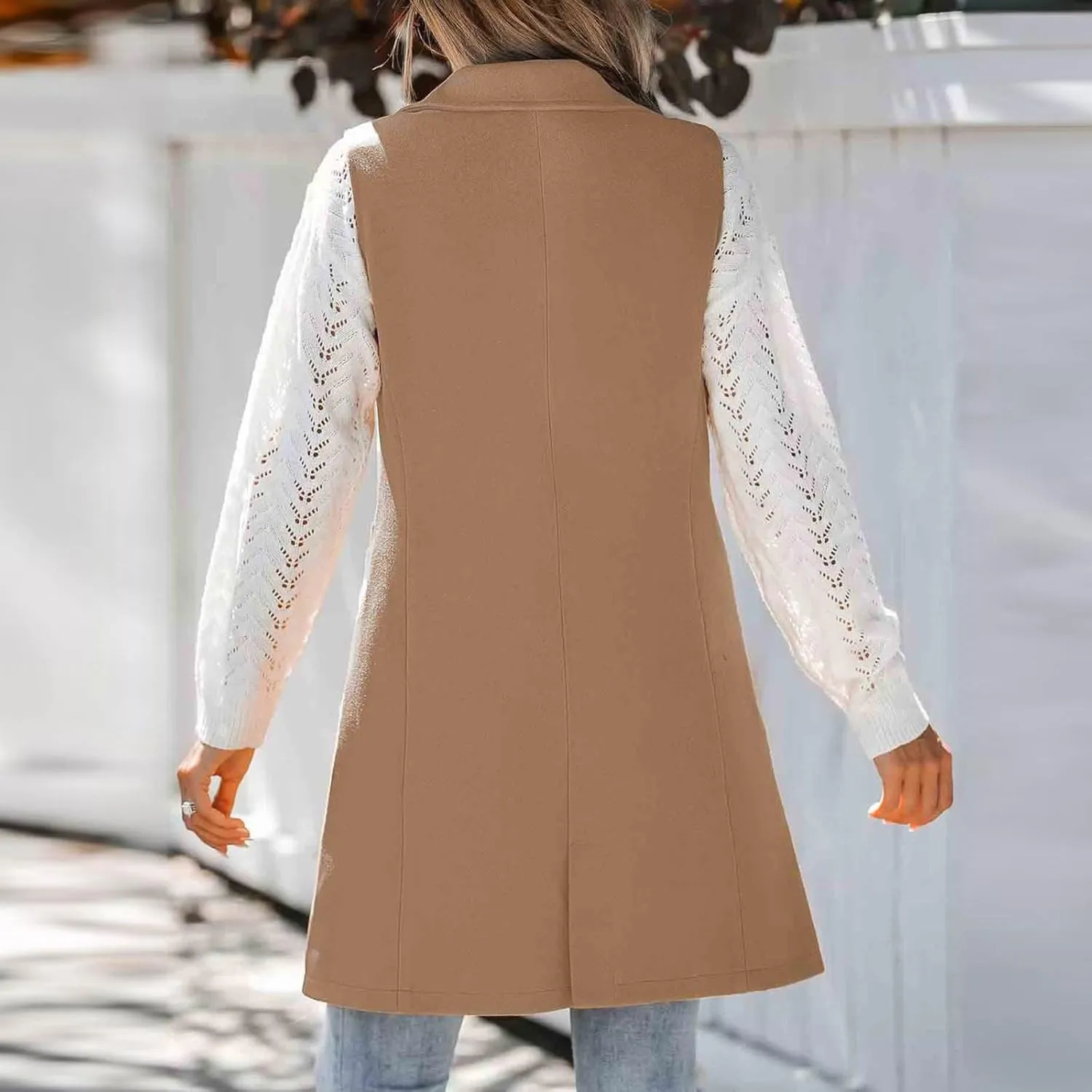 Binmer Women's Sleeveless Blazer Vest Fashion Woolen Trench Coat Casual One Button Longline Jackets Outerwear with Pockets