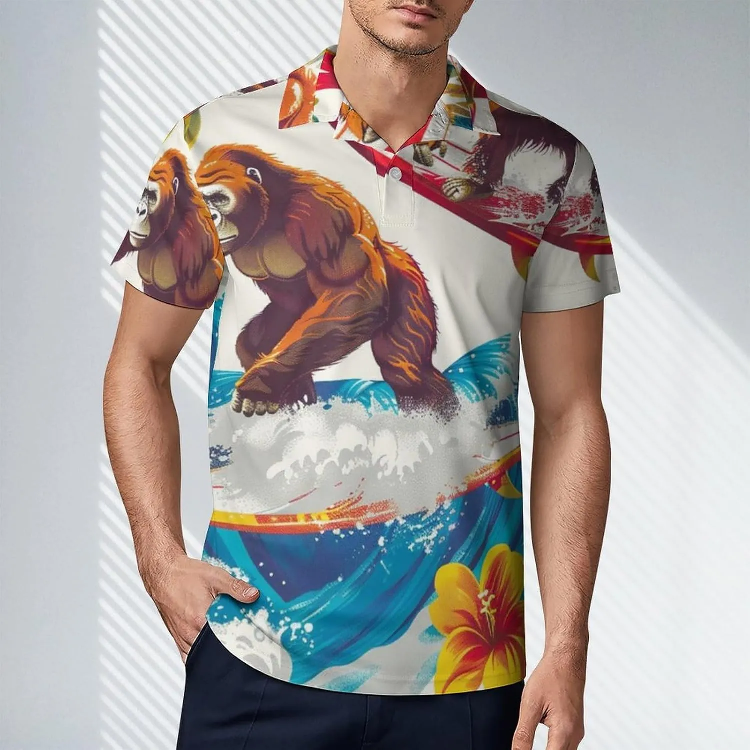 Blue Yellow Floral Rose Pattern Men's Short Sleeve Classic Fit Performance Moisture Wicking Polo (Available in Big & Tall)
