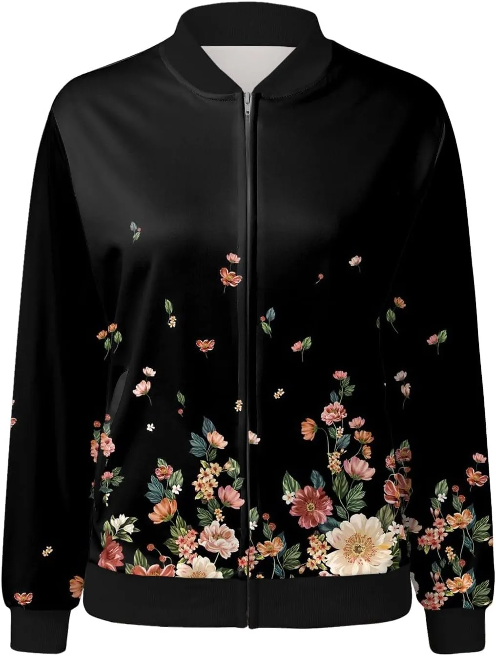 Bomber Jacket Women 2024 Trendy Causal Floral Zip Up Coat Long Sleeve Stand Collar Fall Jackets Lightweight Outerwear