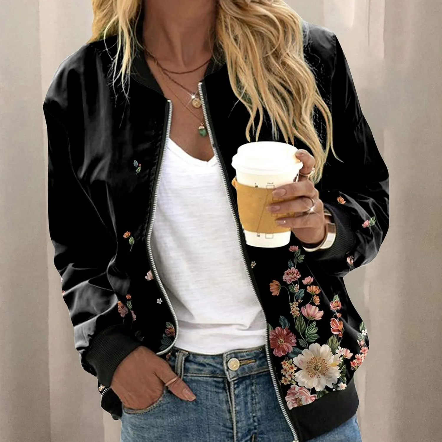 Bomber Jacket Women 2024 Trendy Causal Floral Zip Up Coat Long Sleeve Stand Collar Fall Jackets Lightweight Outerwear