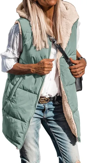 BTFBM Fall Long Puffer Vest Women Sleeveless Hooded Reversible Fleece Sherpa Jacket Zip Up Winter Coat Outerwear Vests