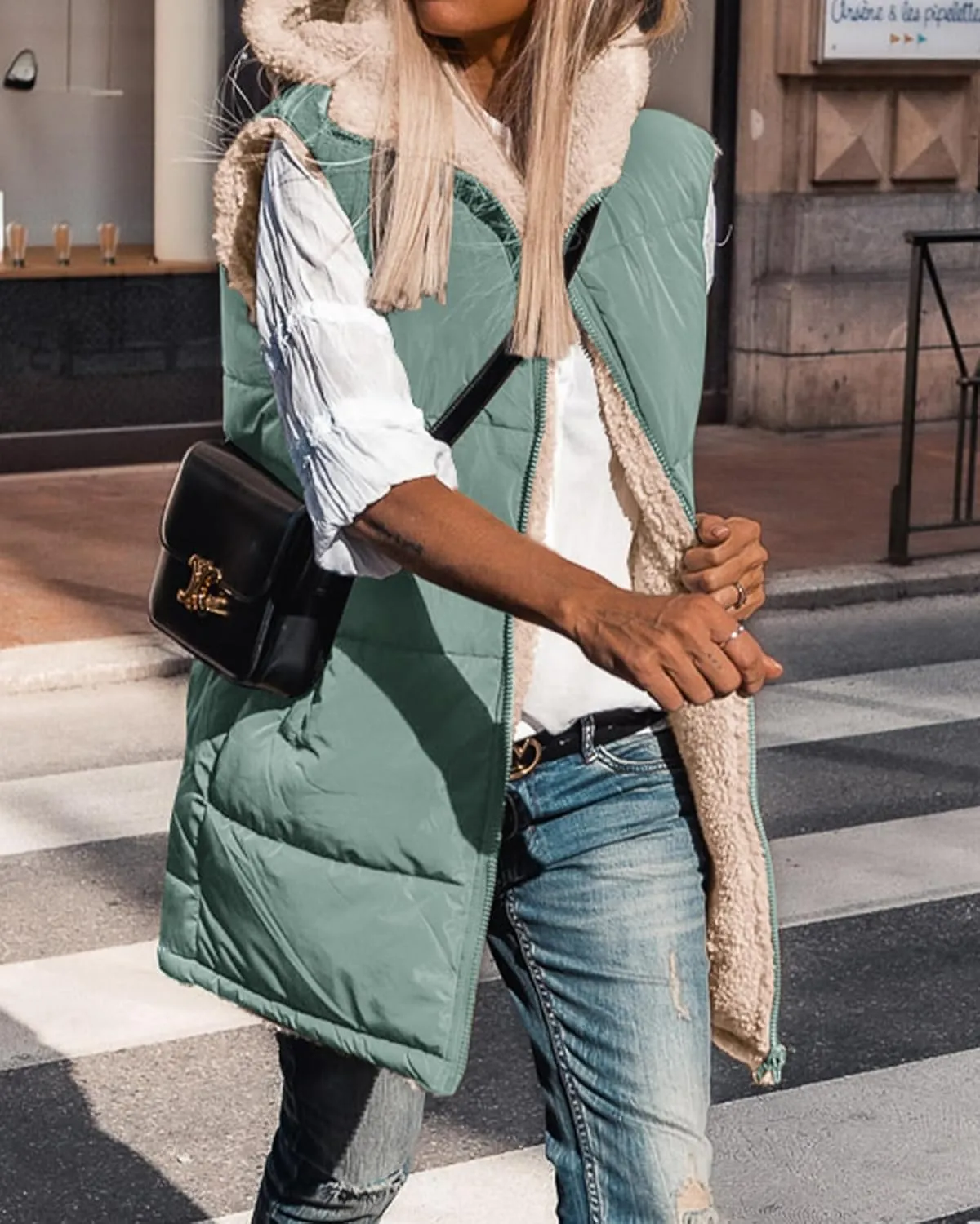 BTFBM Fall Long Puffer Vest Women Sleeveless Hooded Reversible Fleece Sherpa Jacket Zip Up Winter Coat Outerwear Vests