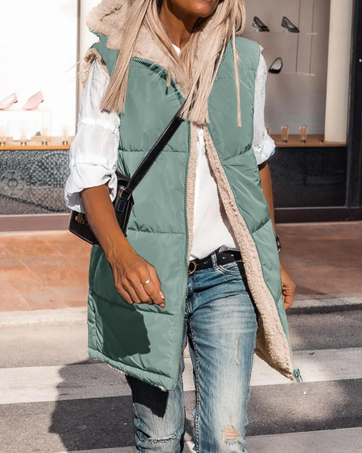 BTFBM Fall Long Puffer Vest Women Sleeveless Hooded Reversible Fleece Sherpa Jacket Zip Up Winter Coat Outerwear Vests