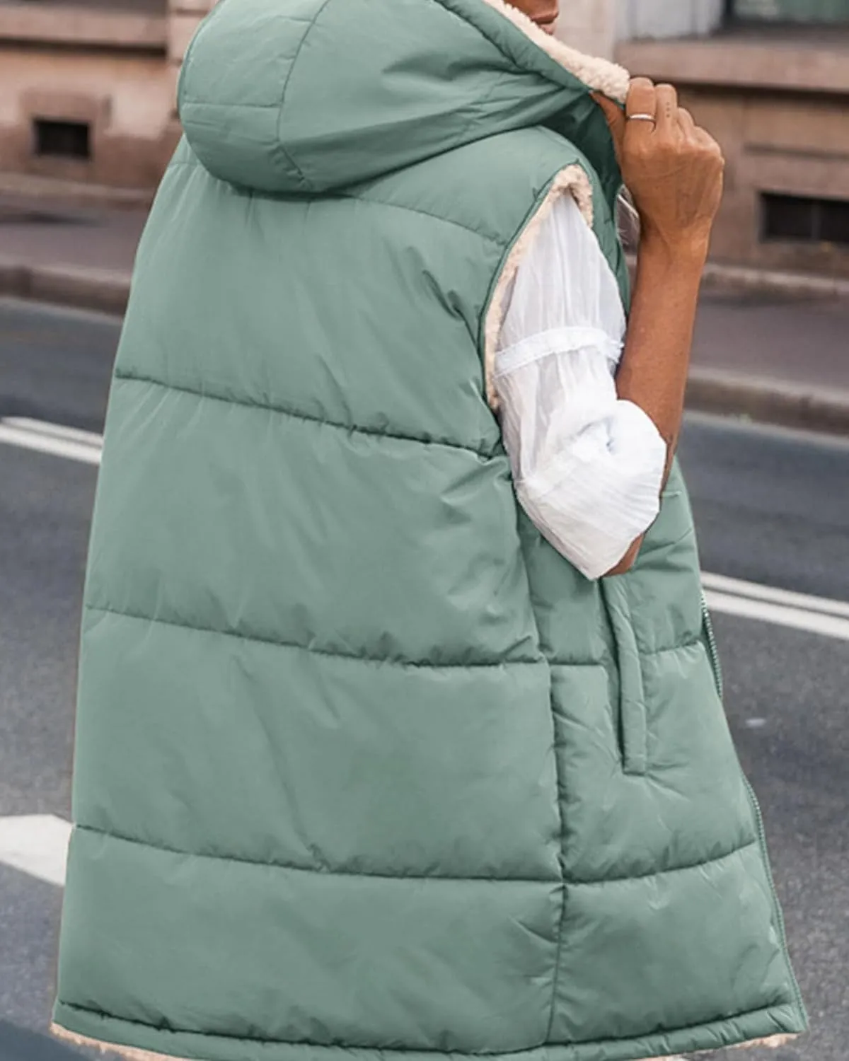 BTFBM Fall Long Puffer Vest Women Sleeveless Hooded Reversible Fleece Sherpa Jacket Zip Up Winter Coat Outerwear Vests