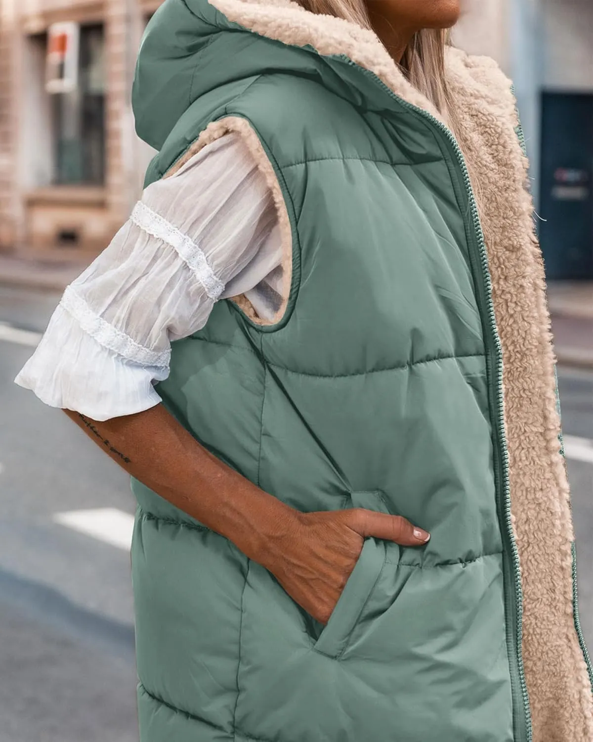 BTFBM Fall Long Puffer Vest Women Sleeveless Hooded Reversible Fleece Sherpa Jacket Zip Up Winter Coat Outerwear Vests