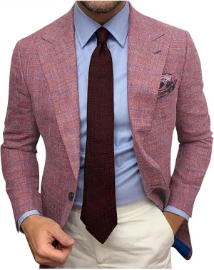 Burband Mens Stylish Plaid Slim Fit Blazer Jackets Notched Lapel Single Breasted Wedding Pink Dress Blazers Sport Coats