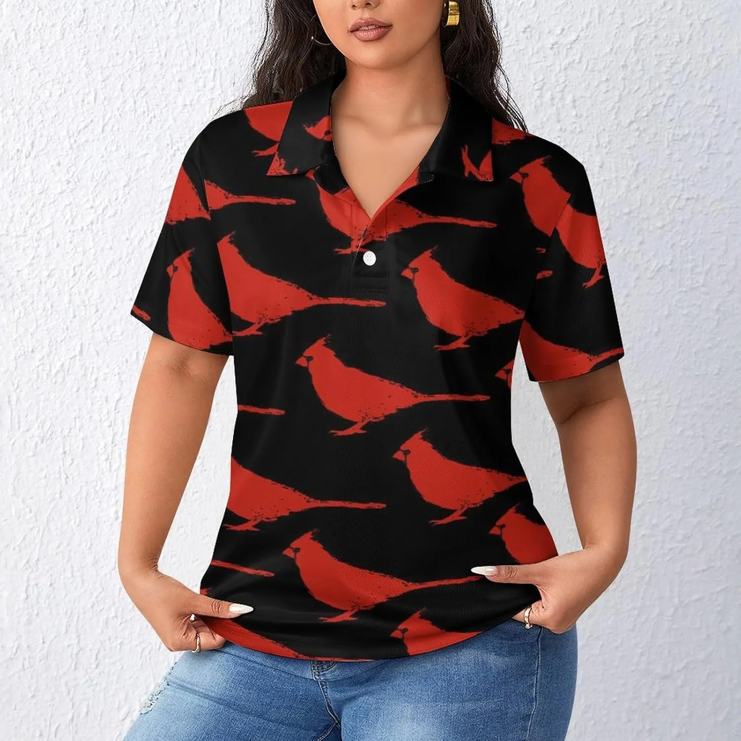 Cardinal Birds Pattern Women's Sport Shirt Short Sleeve Golf T-Shirt Tennis Quick Dry Casual Tops Print Work Shirt