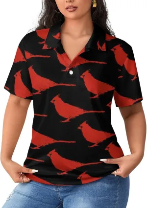 Cardinal Birds Pattern Women's Sport Shirt Short Sleeve Golf T-Shirt Tennis Quick Dry Casual Tops Print Work Shirt