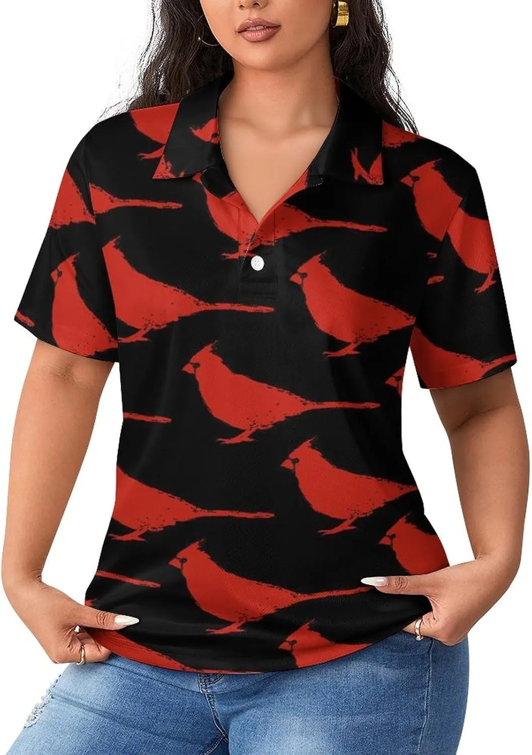 Cardinal Birds Pattern Women's Sport Shirt Short Sleeve Golf T-Shirt Tennis Quick Dry Casual Tops Print Work Shirt