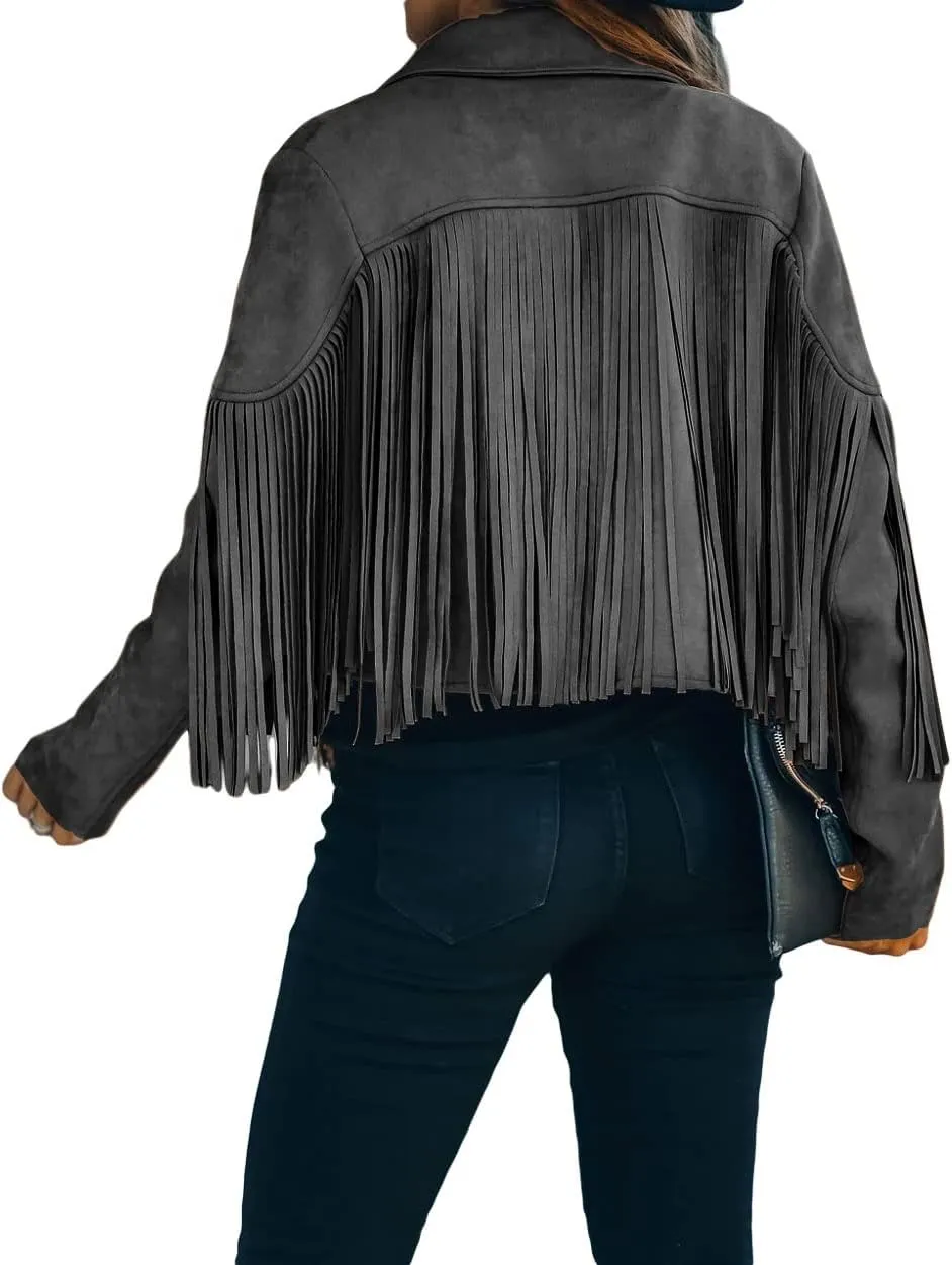 CHARTOU Casual Faux Leather Jacket Women Motorcycle Jacket Fringe Cropped Jacket Utility Tassel Suede Moto Jacket
