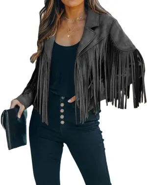 CHARTOU Casual Faux Leather Jacket Women Motorcycle Jacket Fringe Cropped Jacket Utility Tassel Suede Moto Jacket