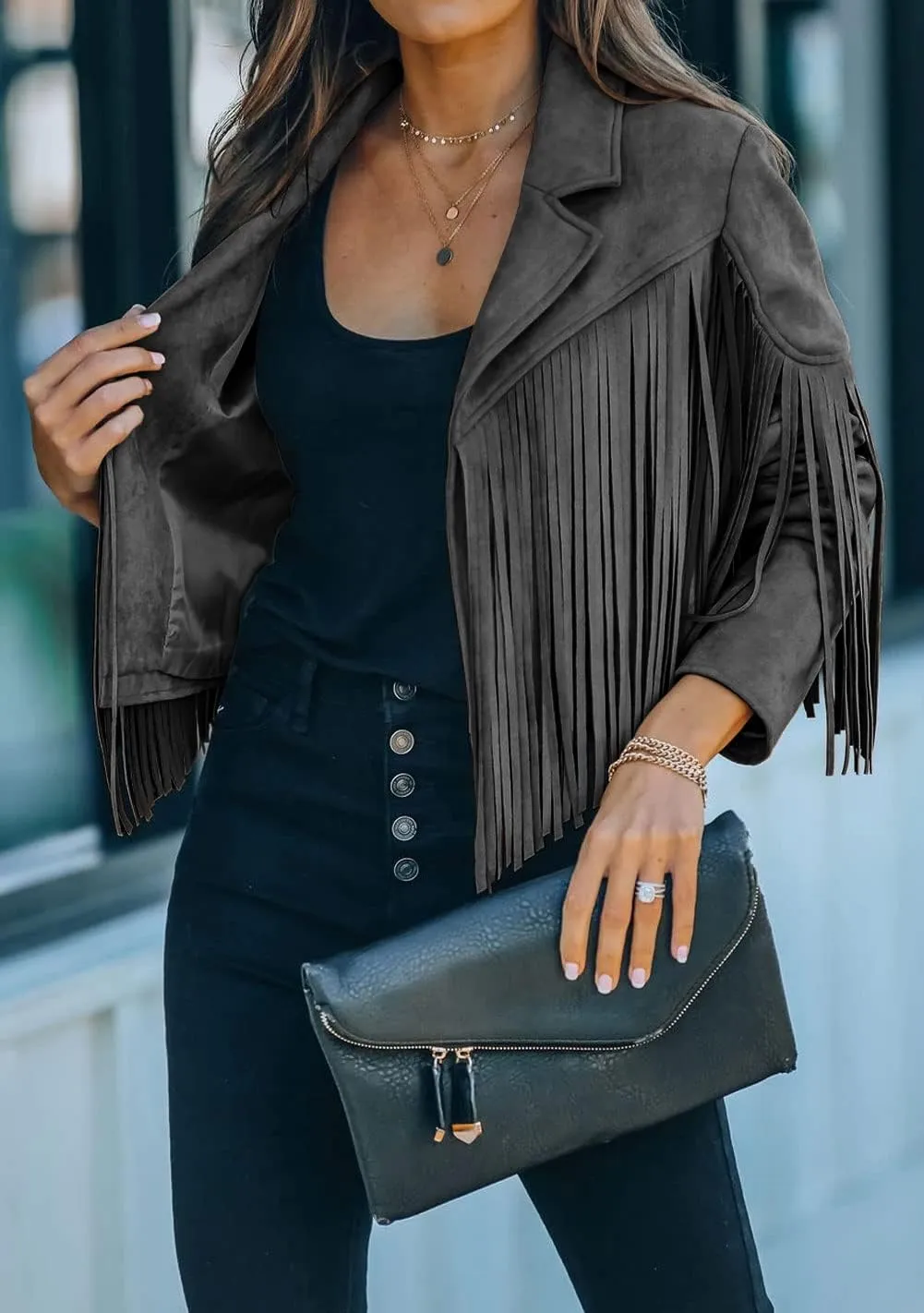 CHARTOU Casual Faux Leather Jacket Women Motorcycle Jacket Fringe Cropped Jacket Utility Tassel Suede Moto Jacket