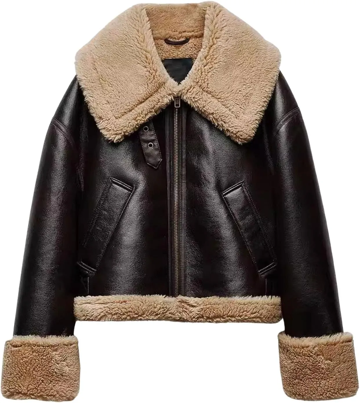 CHARTOU Women Faux Leather Jacket Faux Fur Bomber Jacket Winter Warm Sherpa Jacket Coat Moto Biker Jacket