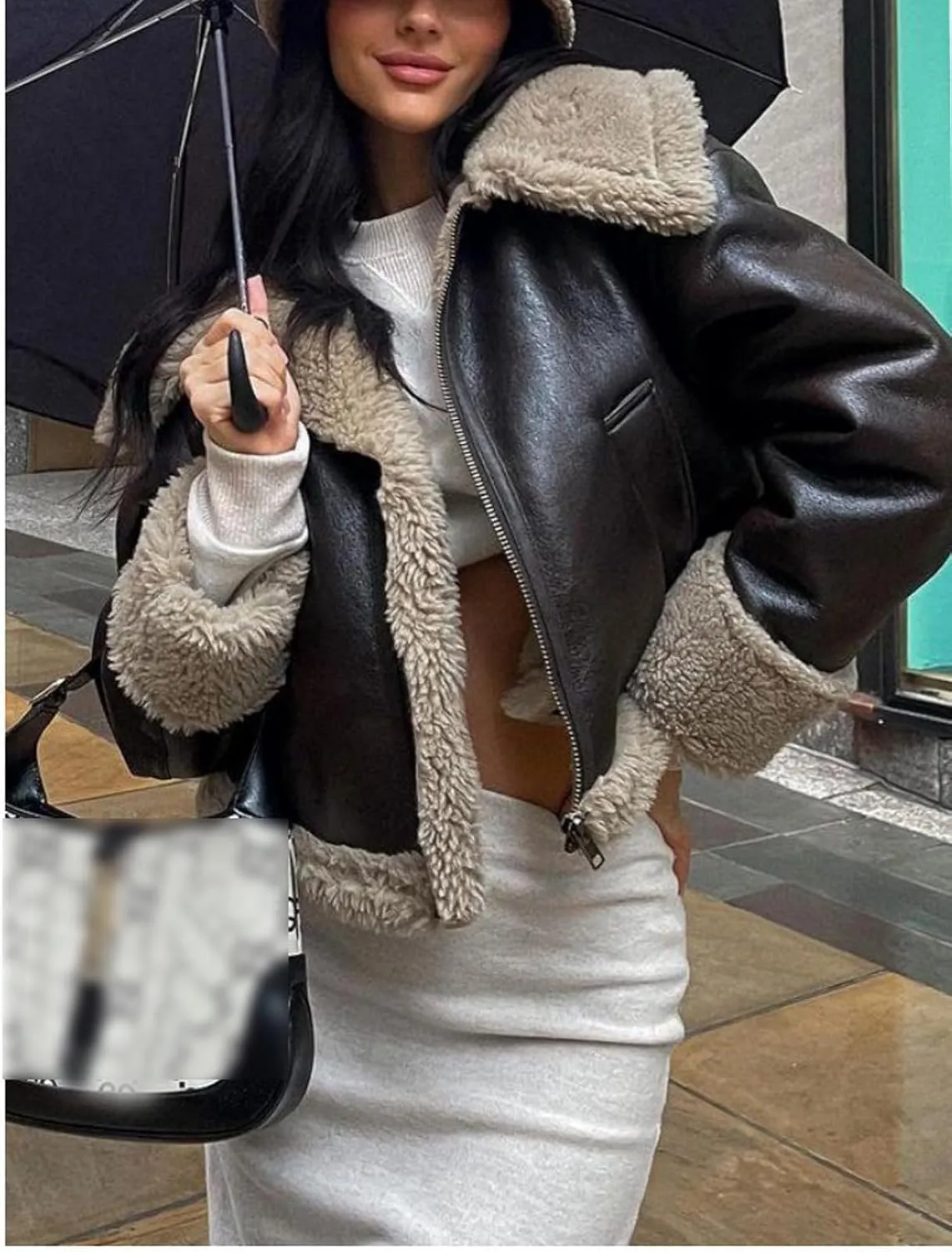 CHARTOU Women Faux Leather Jacket Faux Fur Bomber Jacket Winter Warm Sherpa Jacket Coat Moto Biker Jacket