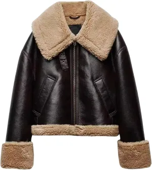 CHARTOU Women Faux Leather Jacket Faux Fur Bomber Jacket Winter Warm Sherpa Jacket Coat Moto Biker Jacket
