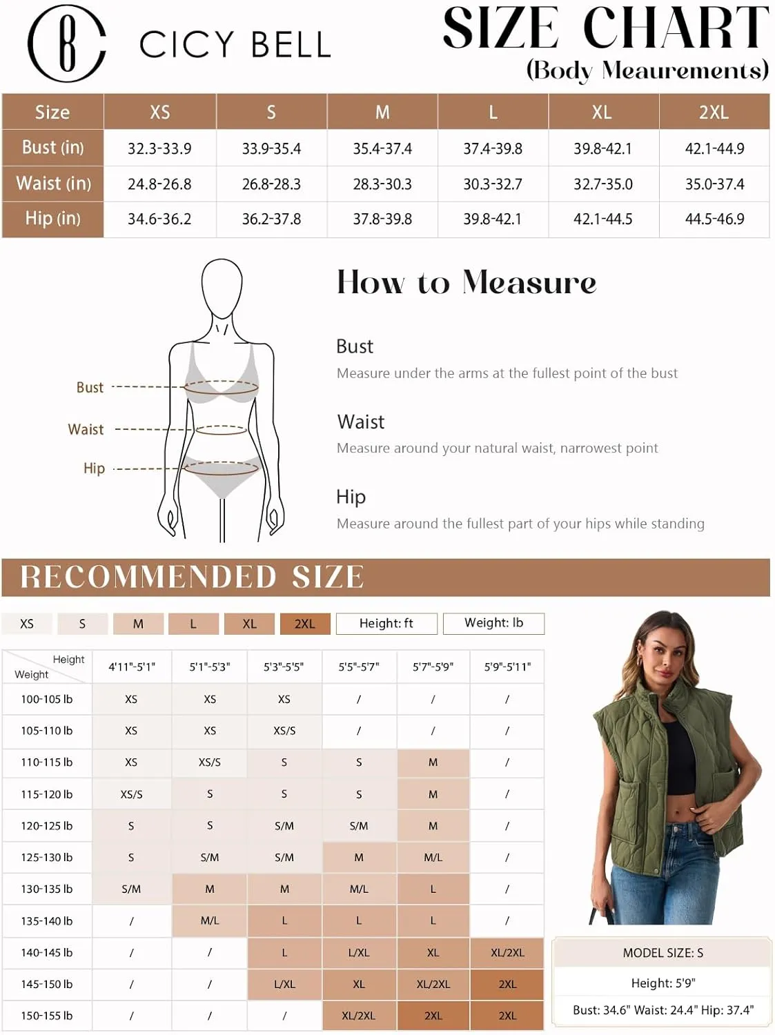Cicy Bell Womens Quilted Puffer Vest Stand Collar Zip Up Winter Lightweight Padded Gilet Outerwear