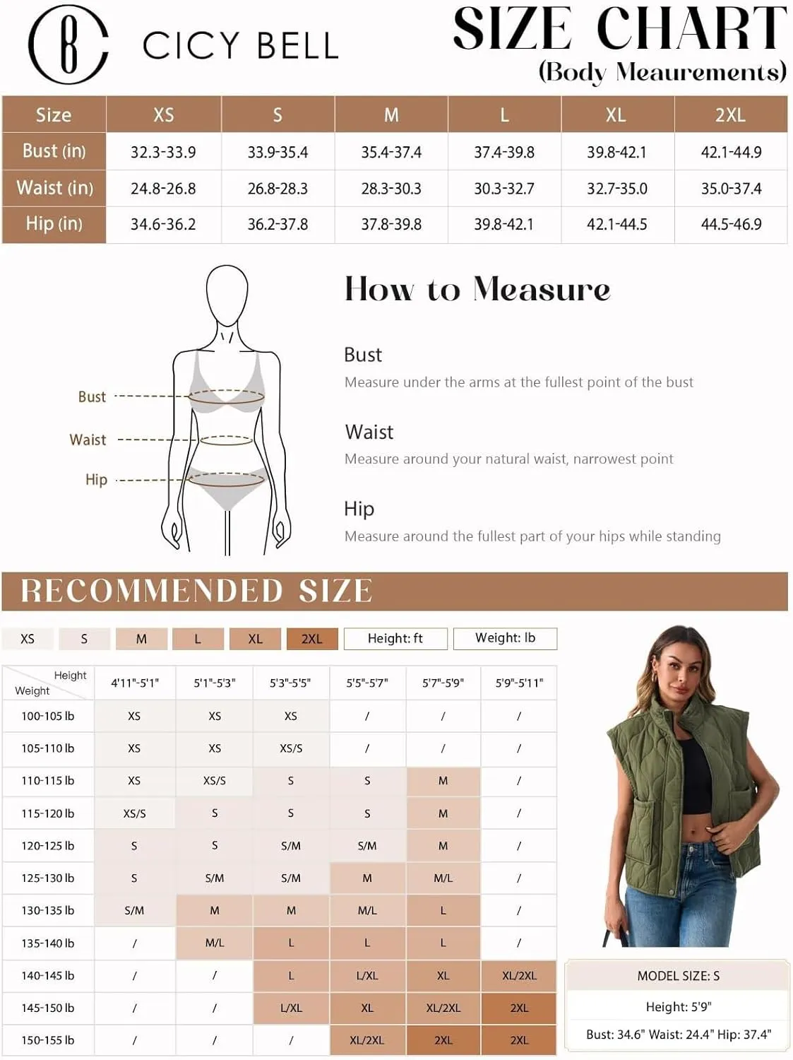 Cicy Bell Womens Quilted Puffer Vest Stand Collar Zip Up Winter Lightweight Padded Gilet Outerwear