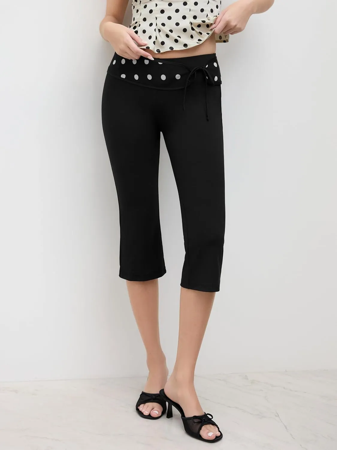 CIDER Leggings for Women Polka Dot Low Waist Capri Leggings Slim Fit Trendy Knotted Leggings Women Casual Pants