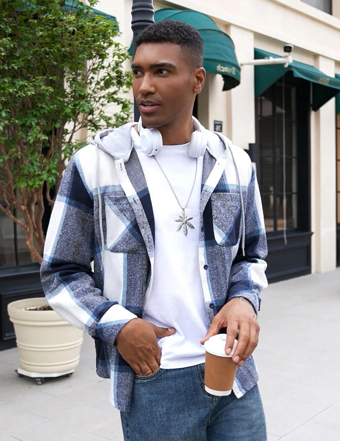 COOFANDY Men's Flannel Hoodie Plaid Shirt Long Sleeve Button Down Casual Shirt Jacket Lightweight Fall Shacket