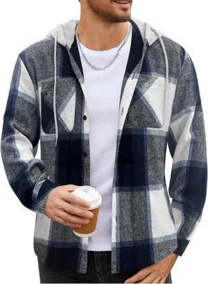 COOFANDY Men's Flannel Hoodie Plaid Shirt Long Sleeve Button Down Casual Shirt Jacket Lightweight Fall Shacket