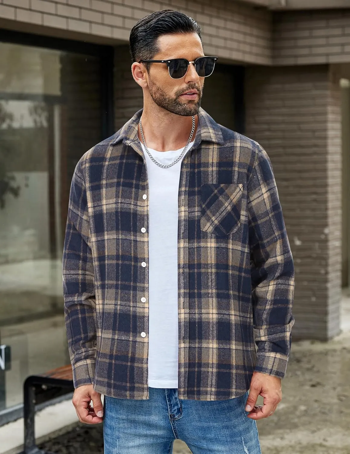 COOFANDY Mens Flannel Shirt Long Sleeve Lightweight Plaid Shirt Casual Button Down Shirts Jacket