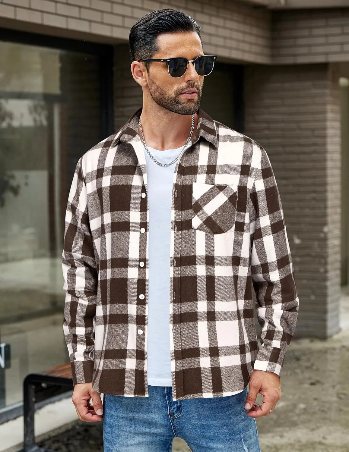 COOFANDY Mens Flannel Shirt Long Sleeve Lightweight Plaid Shirt Casual Button Down Shirts Jacket