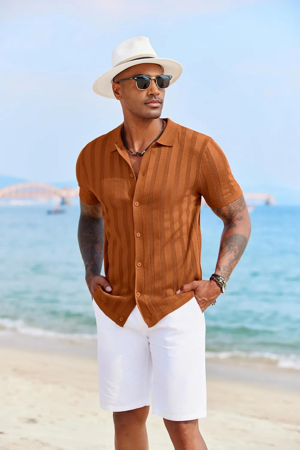 COOFANDY Men's Knit Polo Shirt Vintage Button Down Shirt Short Sleeve Hawaiian Shirt 2025 Summer Fashion Beach Shirts