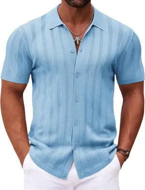COOFANDY Men's Knit Polo Shirt Vintage Button Down Shirt Short Sleeve Hawaiian Shirt 2025 Summer Fashion Beach Shirts