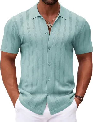 COOFANDY Men's Knit Polo Shirt Vintage Button Down Shirt Short Sleeve Hawaiian Shirt 2025 Summer Fashion Beach Shirts