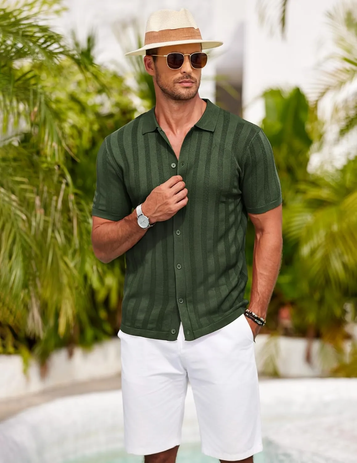 COOFANDY Men's Knit Polo Shirt Vintage Button Down Shirt Short Sleeve Hawaiian Shirt 2025 Summer Fashion Beach Shirts