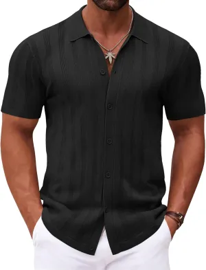 COOFANDY Men's Knit Polo Shirt Vintage Button Down Shirt Short Sleeve Hawaiian Shirt 2025 Summer Fashion Beach Shirts