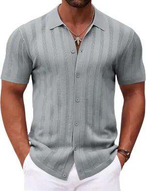COOFANDY Men's Knit Polo Shirt Vintage Button Down Shirt Short Sleeve Hawaiian Shirt 2025 Summer Fashion Beach Shirts