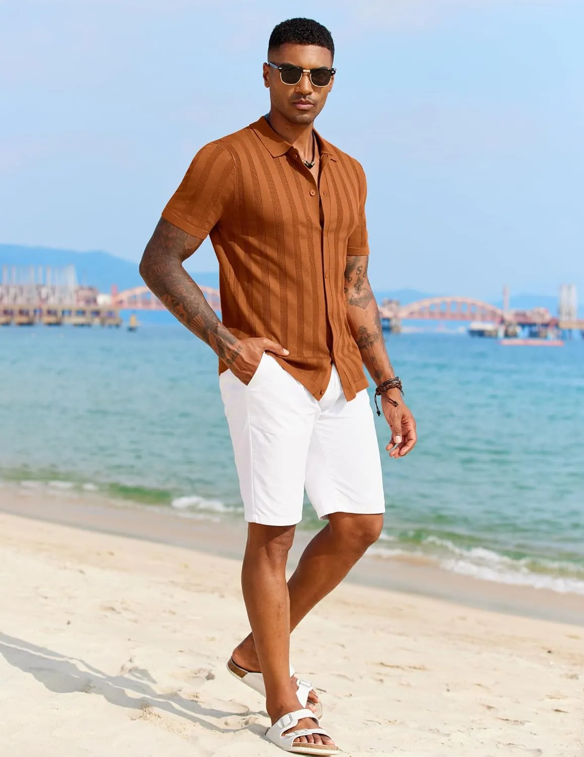 COOFANDY Men's Knit Polo Shirt Vintage Button Down Shirt Short Sleeve Hawaiian Shirt 2025 Summer Fashion Beach Shirts