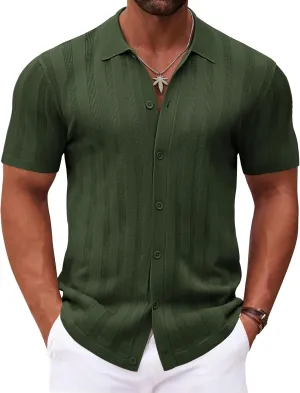 COOFANDY Men's Knit Polo Shirt Vintage Button Down Shirt Short Sleeve Hawaiian Shirt 2025 Summer Fashion Beach Shirts