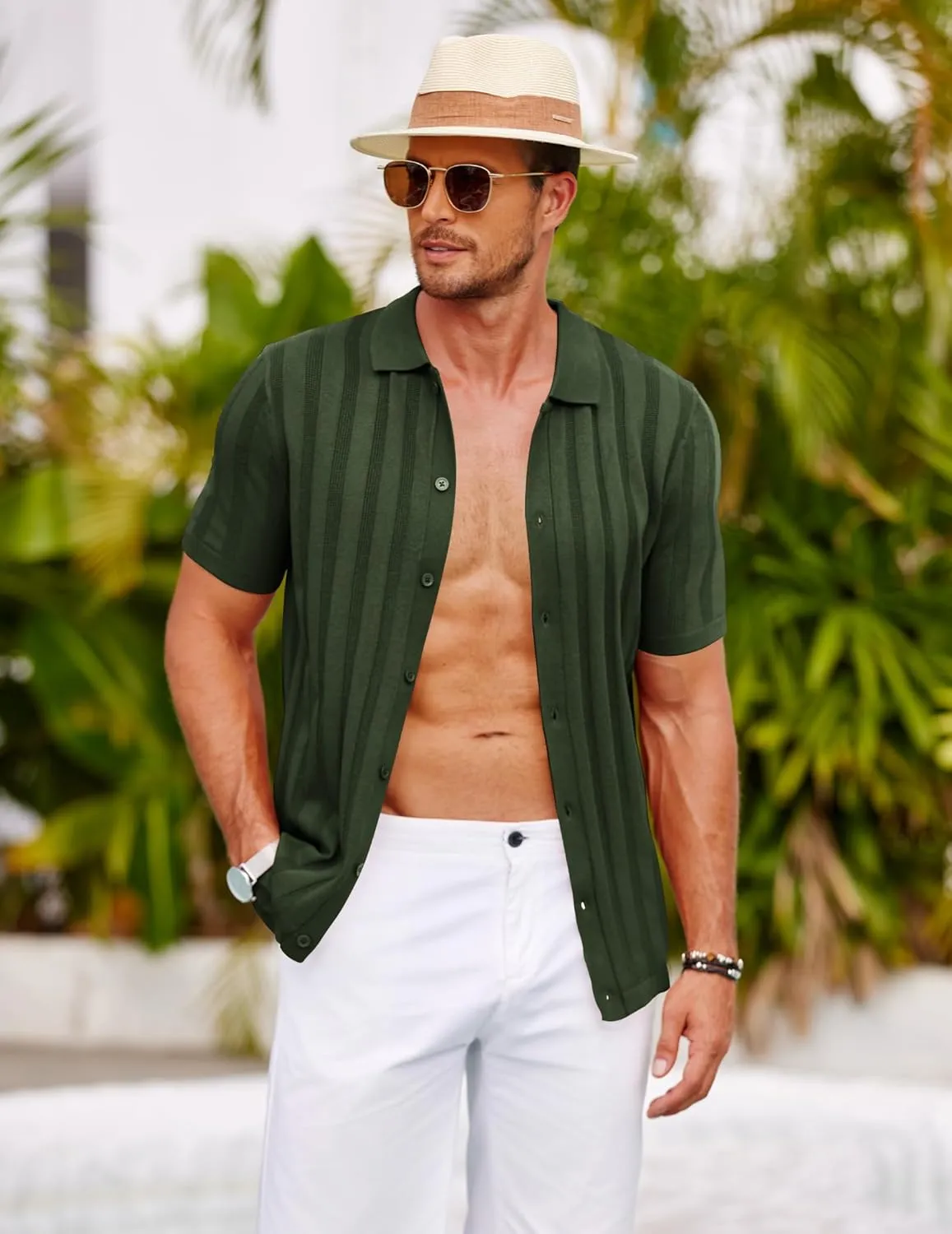 COOFANDY Men's Knit Polo Shirt Vintage Button Down Shirt Short Sleeve Hawaiian Shirt 2025 Summer Fashion Beach Shirts