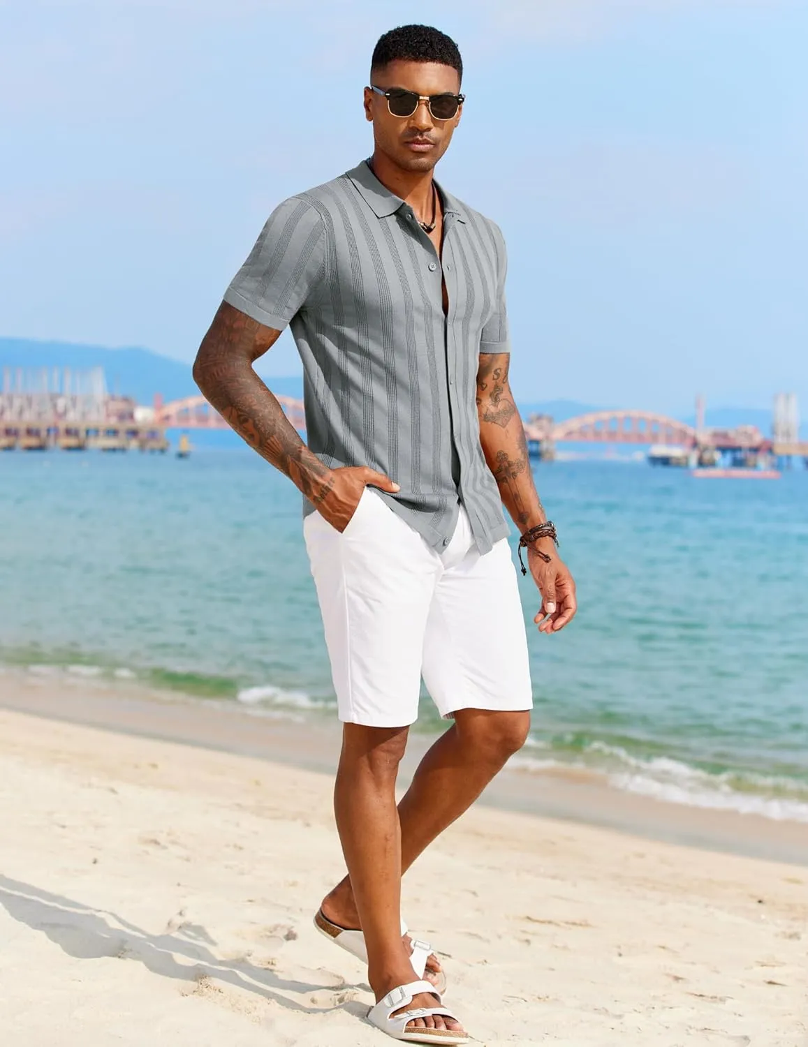 COOFANDY Men's Knit Polo Shirt Vintage Button Down Shirt Short Sleeve Hawaiian Shirt 2025 Summer Fashion Beach Shirts