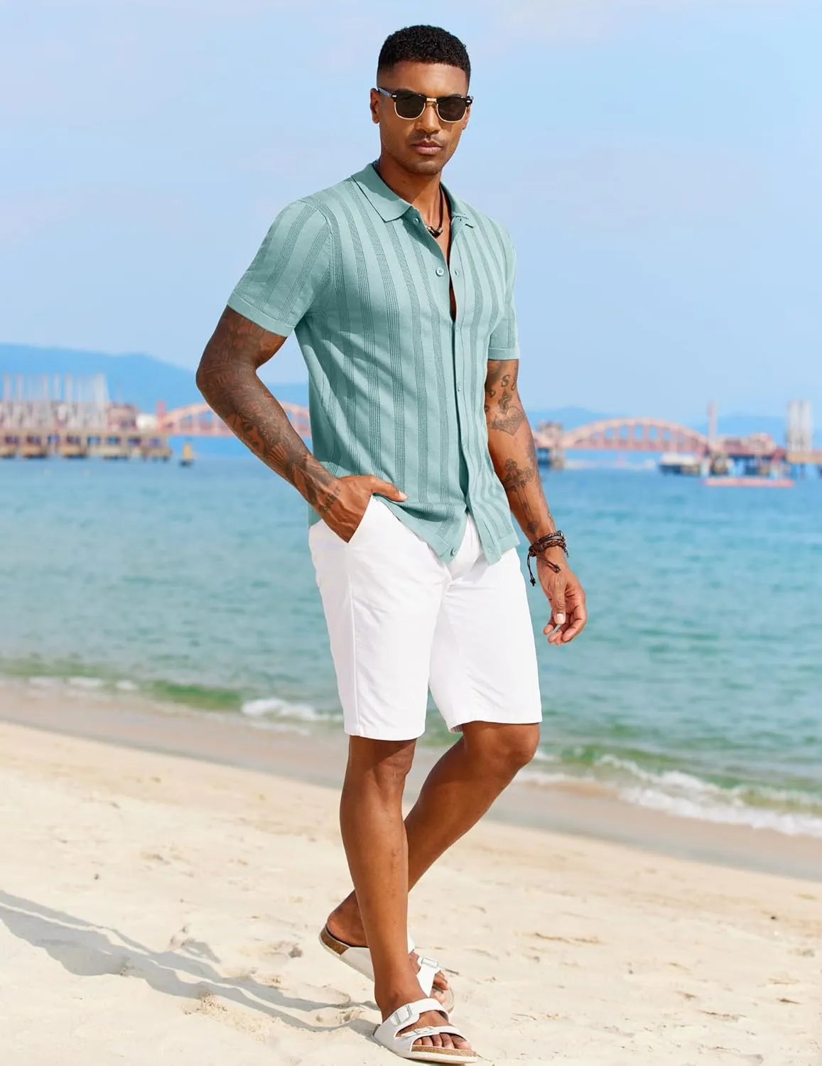 COOFANDY Men's Knit Polo Shirt Vintage Button Down Shirt Short Sleeve Hawaiian Shirt 2025 Summer Fashion Beach Shirts