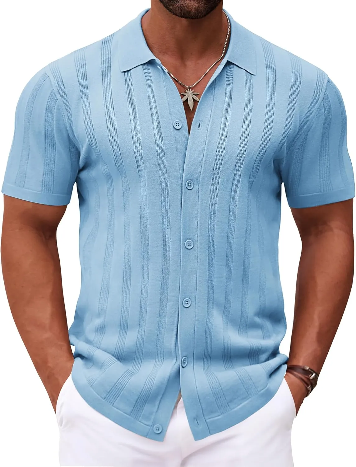 COOFANDY Men's Knit Polo Shirt Vintage Button Down Shirt Short Sleeve Hawaiian Shirt 2025 Summer Fashion Beach Shirts