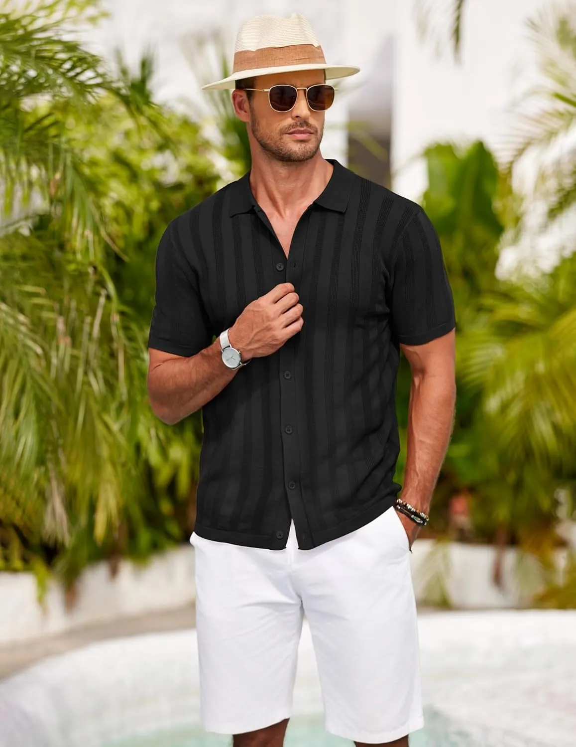 COOFANDY Men's Knit Polo Shirt Vintage Button Down Shirt Short Sleeve Hawaiian Shirt 2025 Summer Fashion Beach Shirts