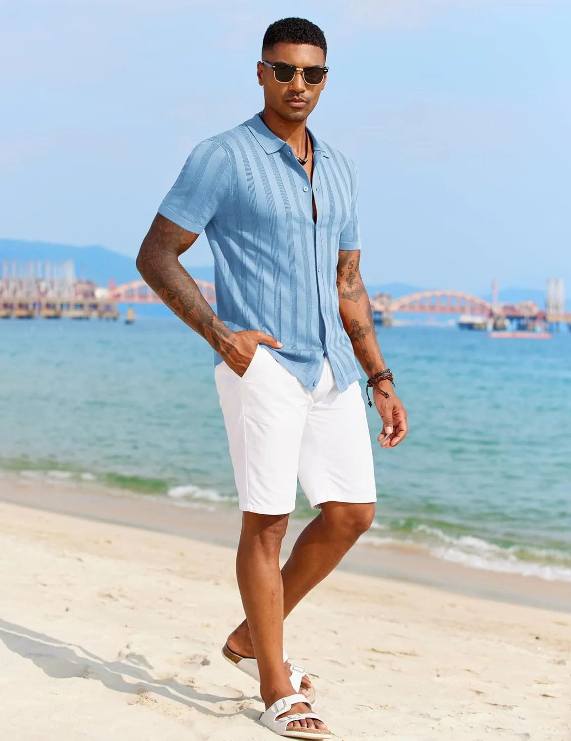 COOFANDY Men's Knit Polo Shirt Vintage Button Down Shirt Short Sleeve Hawaiian Shirt 2025 Summer Fashion Beach Shirts