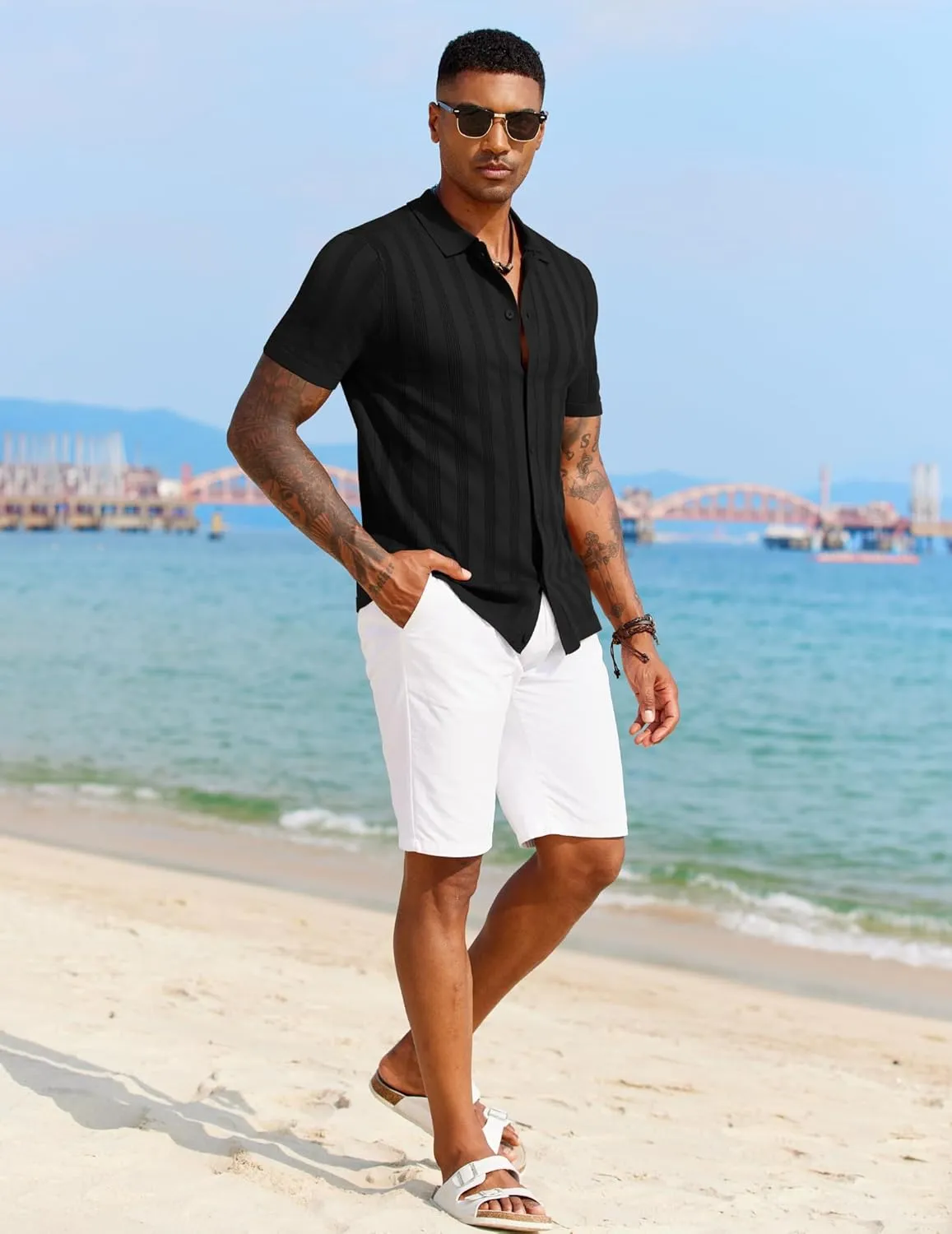 COOFANDY Men's Knit Polo Shirt Vintage Button Down Shirt Short Sleeve Hawaiian Shirt 2025 Summer Fashion Beach Shirts